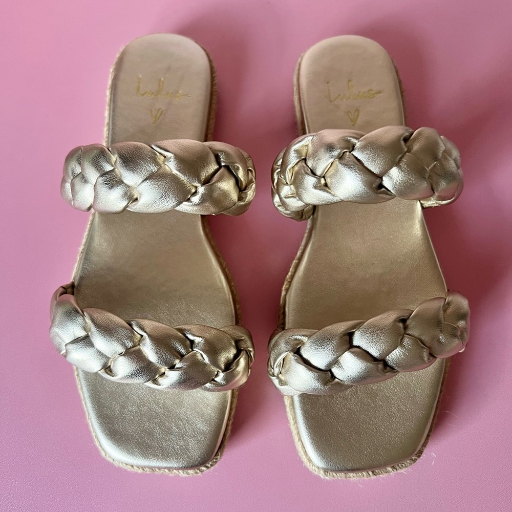 Kennmar Soft Gold Leather Braided Espadrille Slide Sandals from Lulus